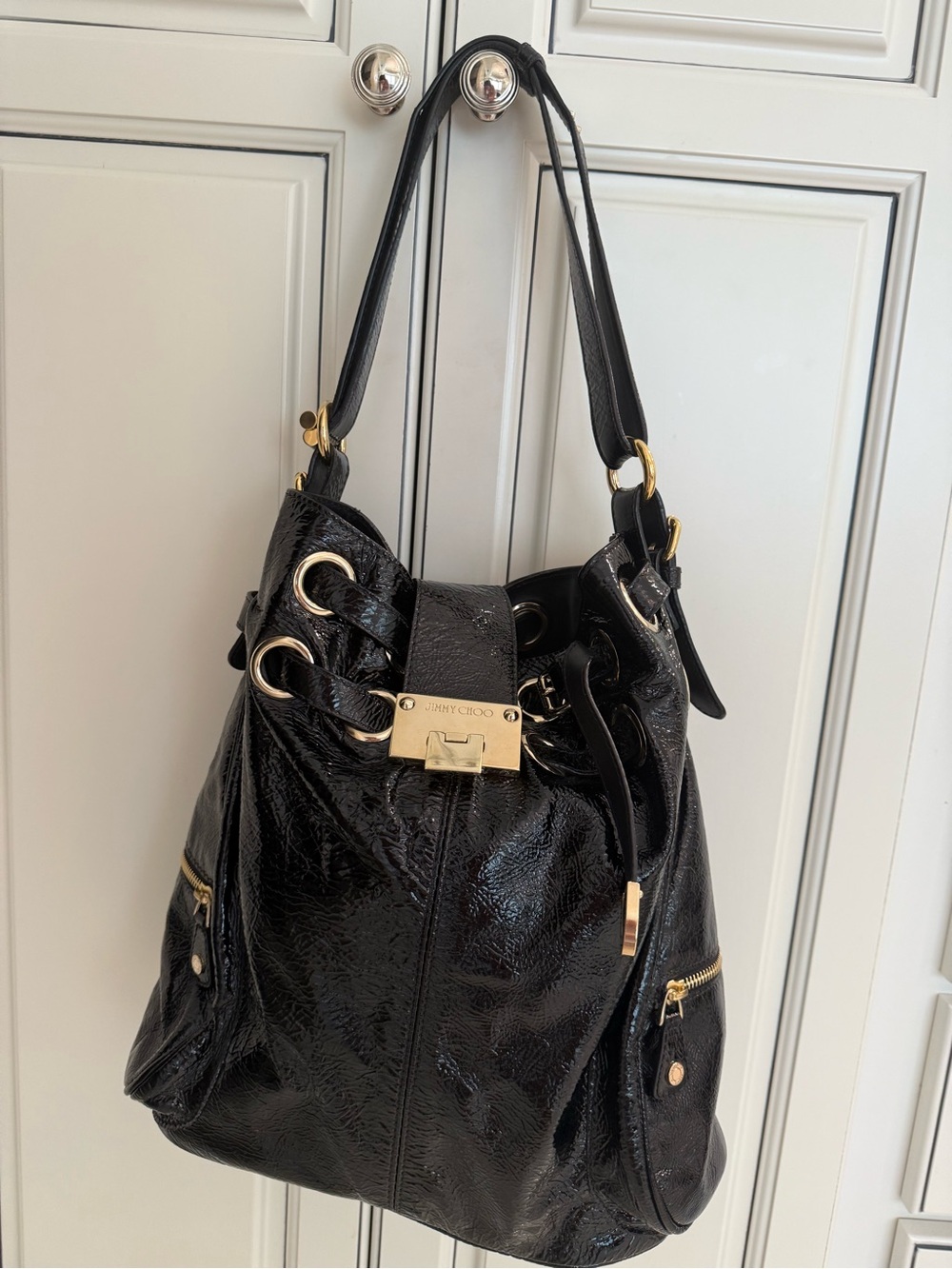 Authentic Jimmy Choo Ramona Black Patent Leather Hobo Bag